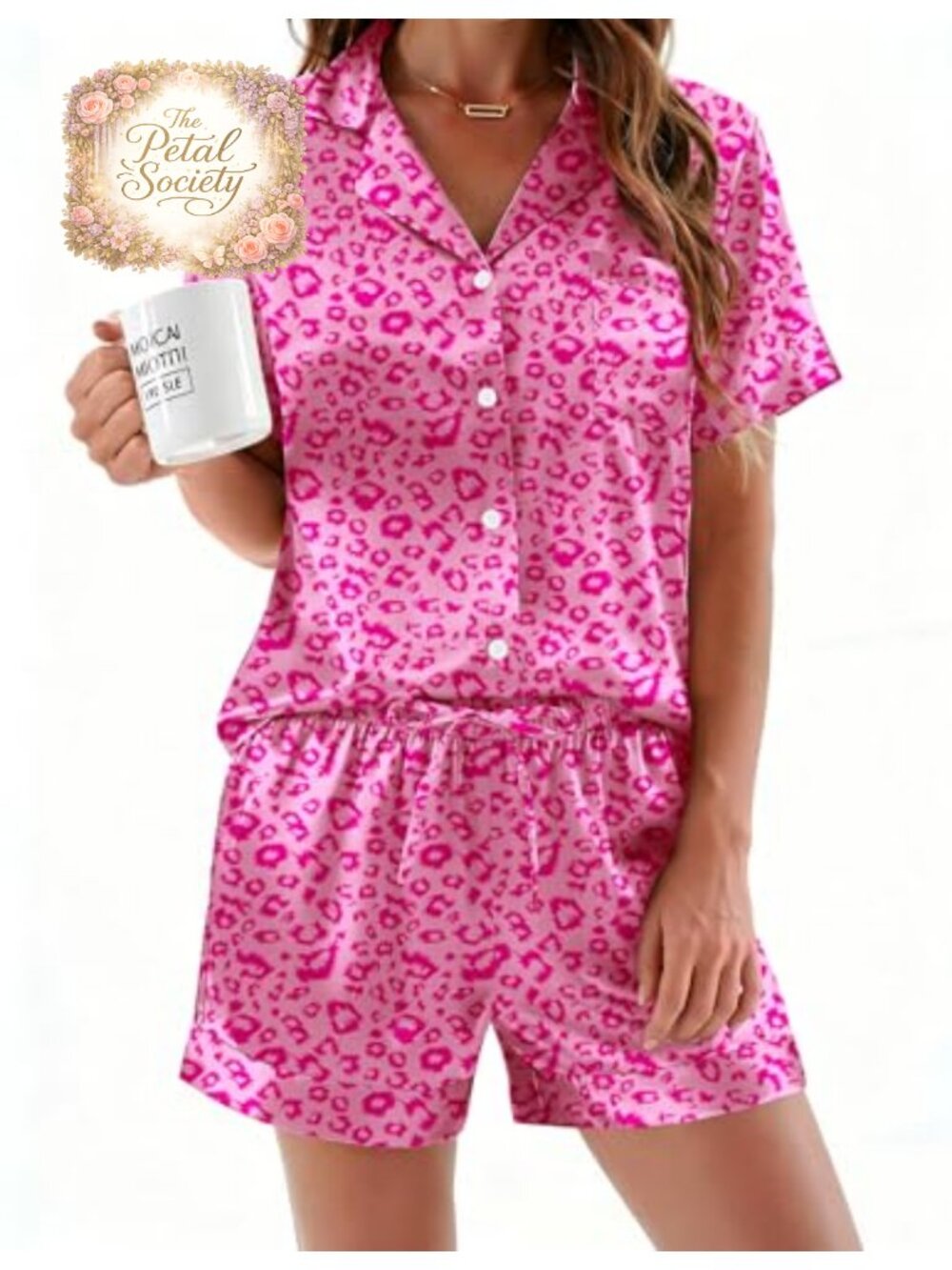 Silk Satin Pajama Set Short Sleeve Button Down Top & Shorts Lounge Sleepwear